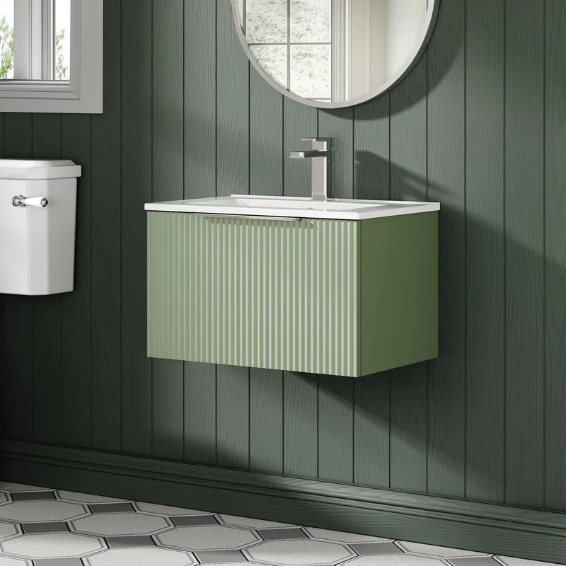 Hudson Reed Fluted Wall Hung 600mm Vanity Unit With 1 Drawer & Ceramic Basin - Satin Green