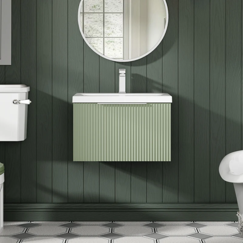 Hudson Reed Fluted Wall Hung 600mm Vanity Unit With 1 Drawer & Ceramic Basin - Satin Green