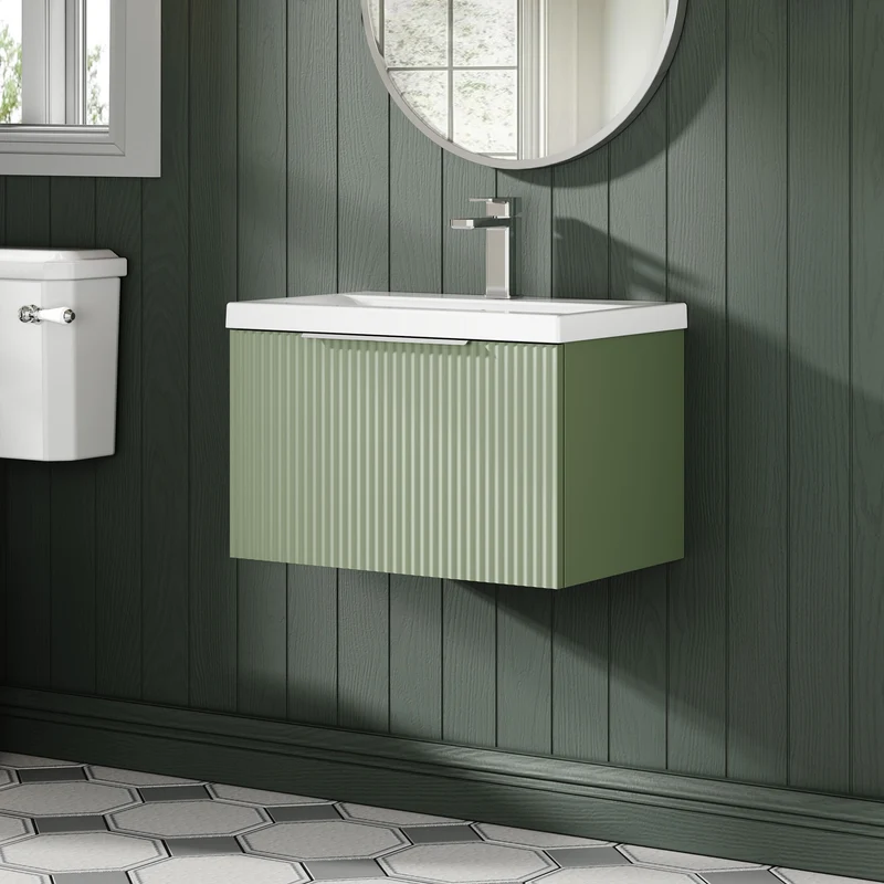 Hudson Reed Fluted Wall Hung 600mm Vanity Unit With 1 Drawer & Ceramic Basin - Satin Green