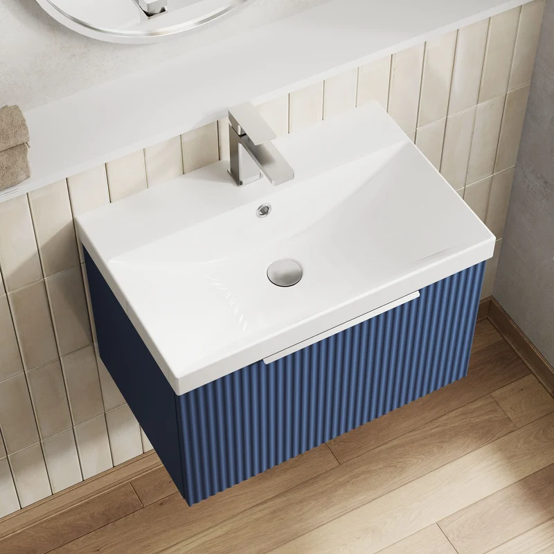 Hudson Reed Fluted Wall Hung 600mm Vanity Unit With 1 Drawer & Ceramic Basin - Satin Blue