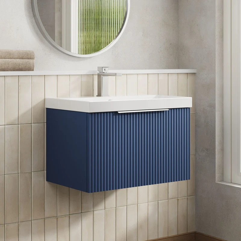 Hudson Reed Fluted Wall Hung 600mm Vanity Unit With 1 Drawer & Ceramic Basin - Satin Blue