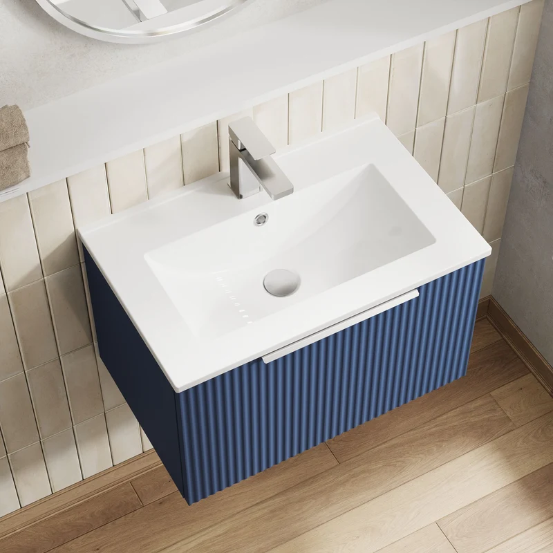Hudson Reed Fluted Wall Hung 600mm Vanity Unit With 1 Drawer & Ceramic Basin - Satin Blue