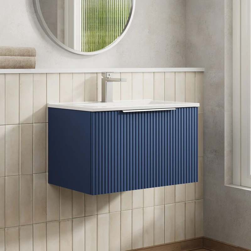 Hudson Reed Fluted Wall Hung 600mm Vanity Unit With 1 Drawer & Ceramic Basin - Satin Blue