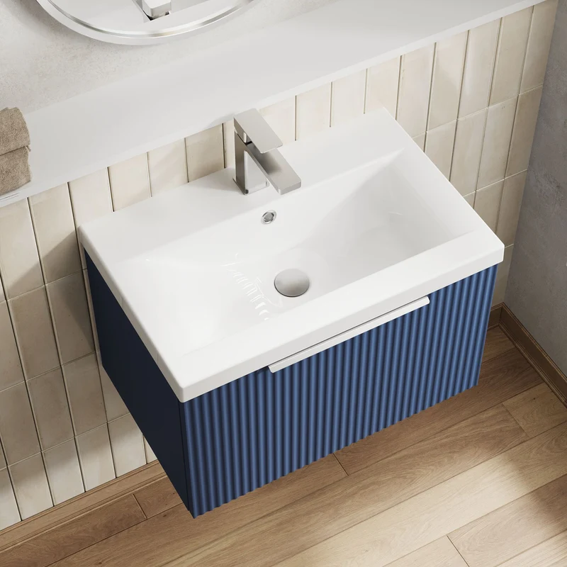 Hudson Reed Fluted Wall Hung 600mm Vanity Unit With 1 Drawer & Ceramic Basin - Satin Blue