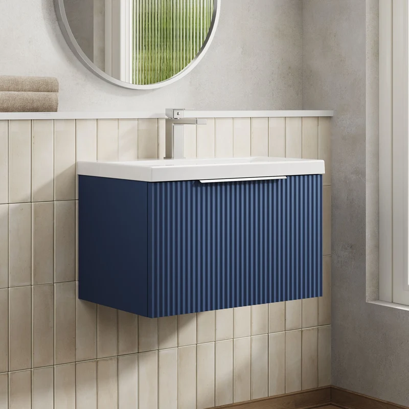 Hudson Reed Fluted Wall Hung 600mm Vanity Unit With 1 Drawer & Ceramic Basin - Satin Blue