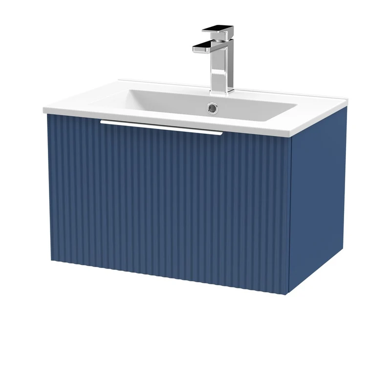Hudson Reed Fluted Wall Hung 600mm Vanity Unit With 1 Drawer & Ceramic Basin - Satin Blue