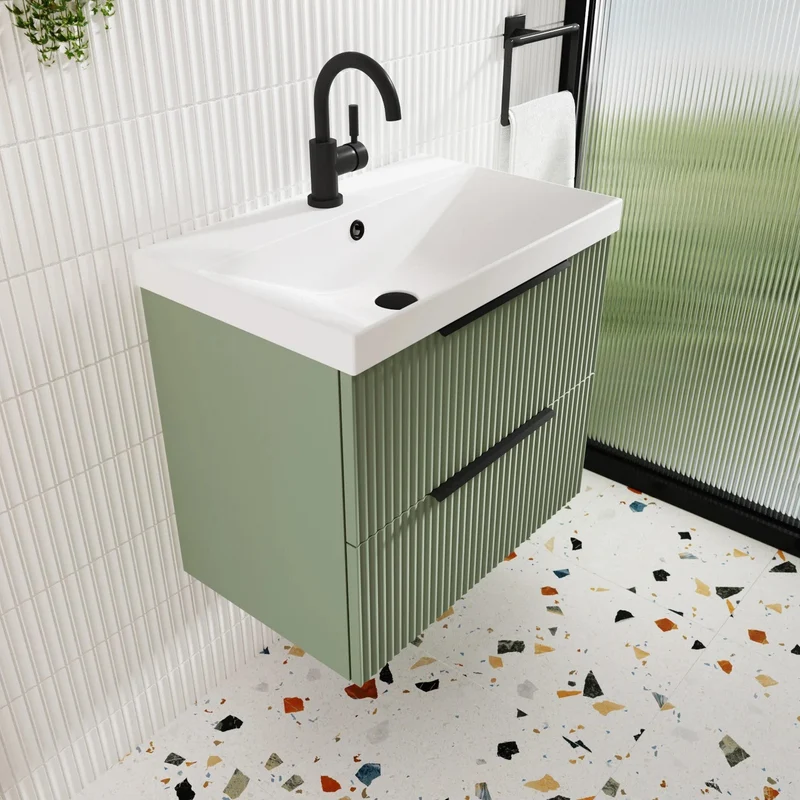 Hudson Reed Fluted Wall Hung 600mm Vanity Unit With 1 Drawer & Ceramic Basin - Satin Blue