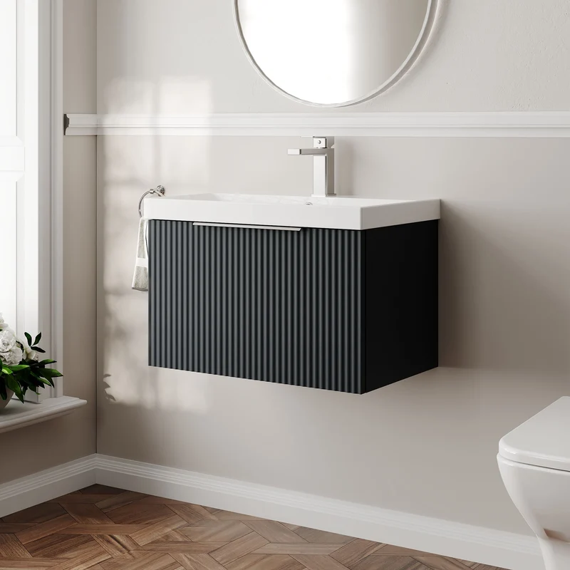 Hudson Reed Fluted Wall Hung 600mm Vanity Unit With 1 Drawer & Ceramic Basin - Satin Anthracite