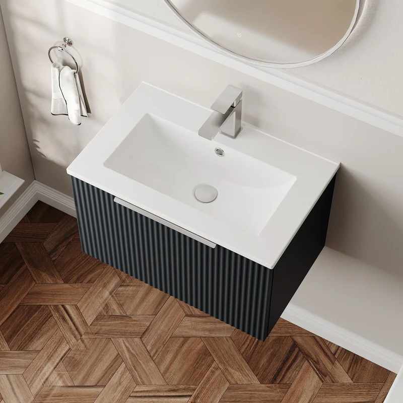 Hudson Reed Fluted Wall Hung 600mm Vanity Unit With 1 Drawer & Ceramic Basin - Satin Anthracite