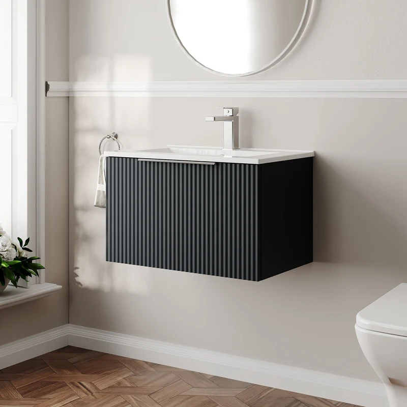 Hudson Reed Fluted Wall Hung 600mm Vanity Unit With 1 Drawer & Ceramic Basin - Satin Anthracite
