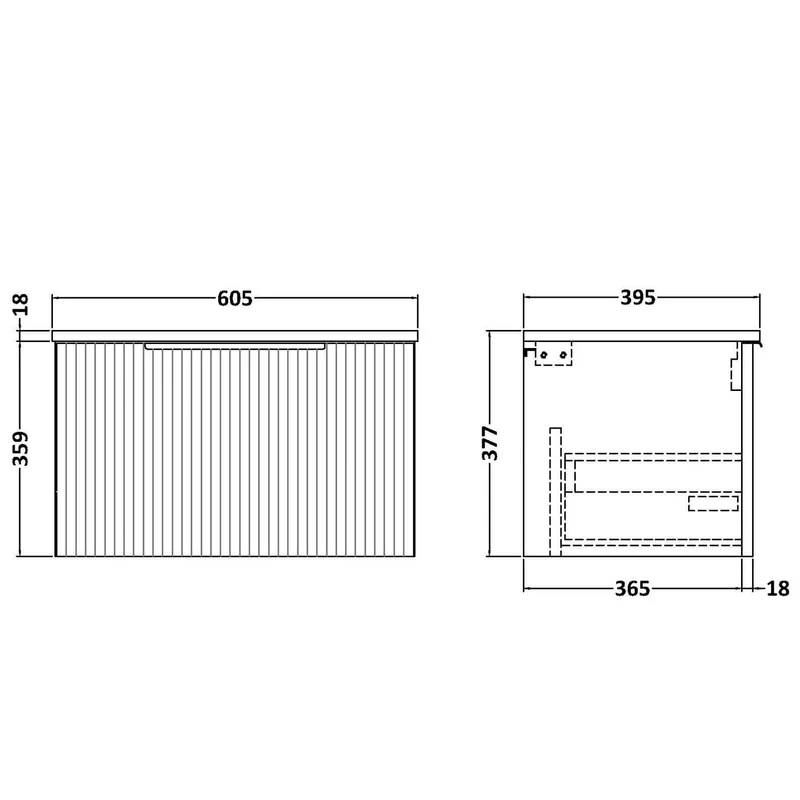 Hudson Reed Fluted Wall Hung 600mm Vanity Unit With 1 Drawer & Ceramic Basin - Satin Anthracite