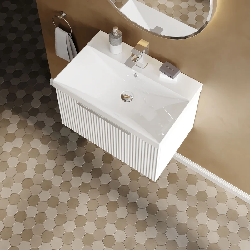 Hudson Reed Fluted Wall Hung 600mm Vanity Unit With 1 Drawer & Ceramic Basin - Satin White
