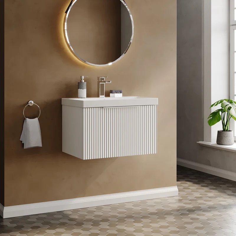 Hudson Reed Fluted Wall Hung 600mm Vanity Unit With 1 Drawer & Ceramic Basin - Satin White