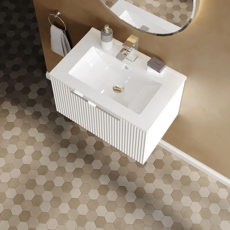 Hudson Reed Fluted Wall Hung 600mm Vanity Unit With 1 Drawer & Ceramic Basin - Satin White