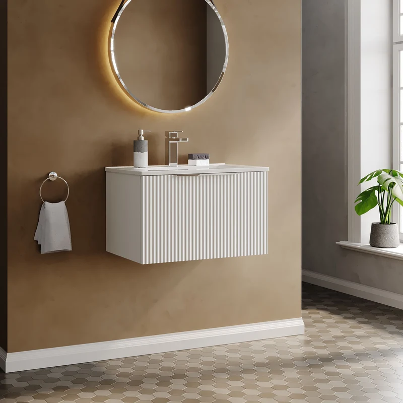 Hudson Reed Fluted Wall Hung 600mm Vanity Unit With 1 Drawer & Ceramic Basin - Satin White