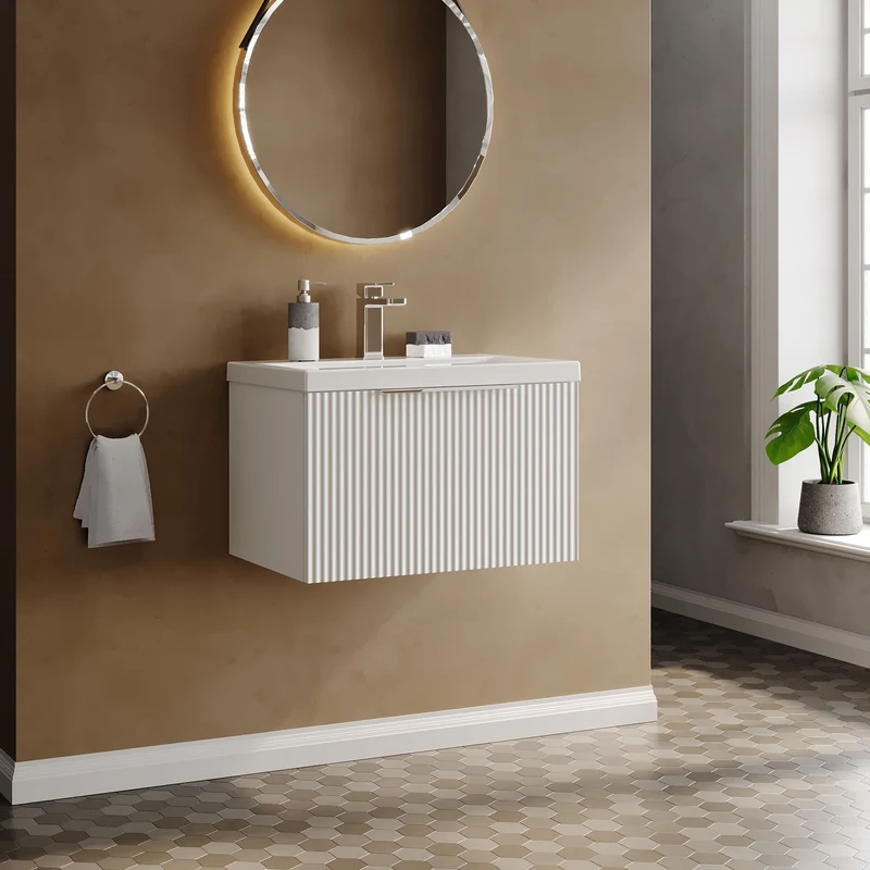 Hudson Reed Fluted Wall Hung 600mm Vanity Unit With 1 Drawer & Ceramic Basin - Satin White