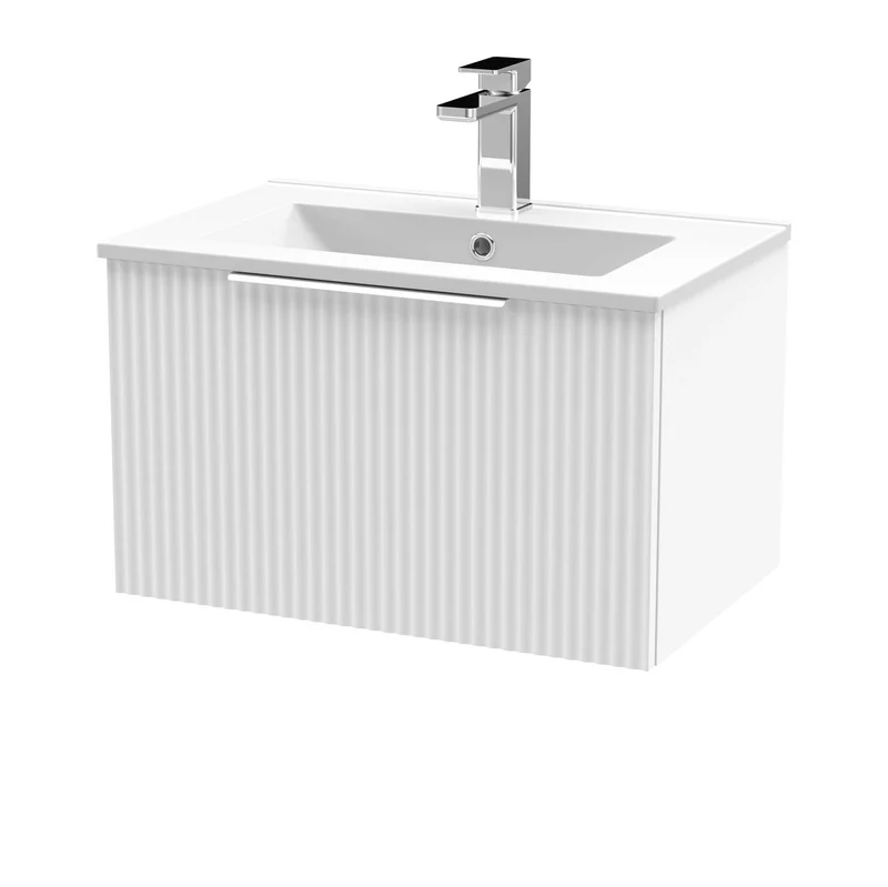 Hudson Reed Fluted Wall Hung 600mm Vanity Unit With 1 Drawer & Ceramic Basin - Satin White