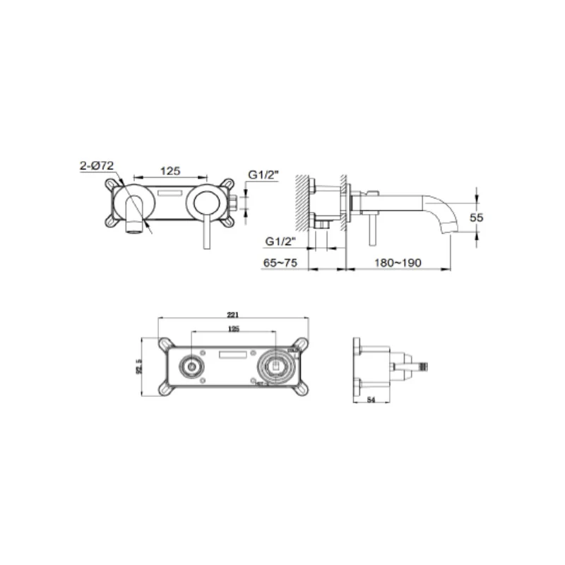 Lux Wall Mounted 2 Hole Basin Mixer - Matt Black