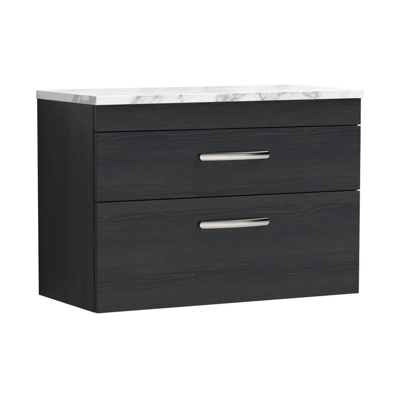Nuie Athena 800 Wall Hung 2-drawer Unit & Laminate Worktop Contemporary Charcoal Black MFC Textured Woodgrain 560x805x390mm