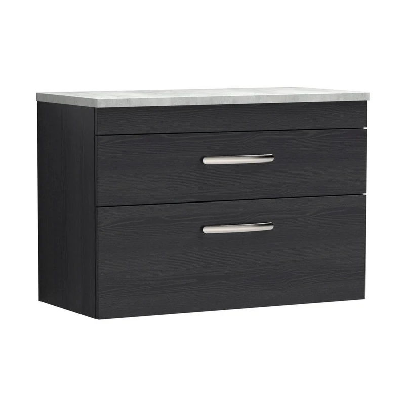 Nuie Athena 800mm Wall Hung Vanity With Grey Worktop Contemporary Charcoal Black MFC Textured Woodgrain 560x805x390mm