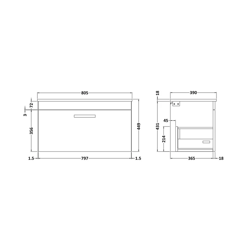 Nuie Athena 800mm Wall Hung Vanity With Worktop Contemporary Gloss White MFC Painted Gloss 448x805x390mm