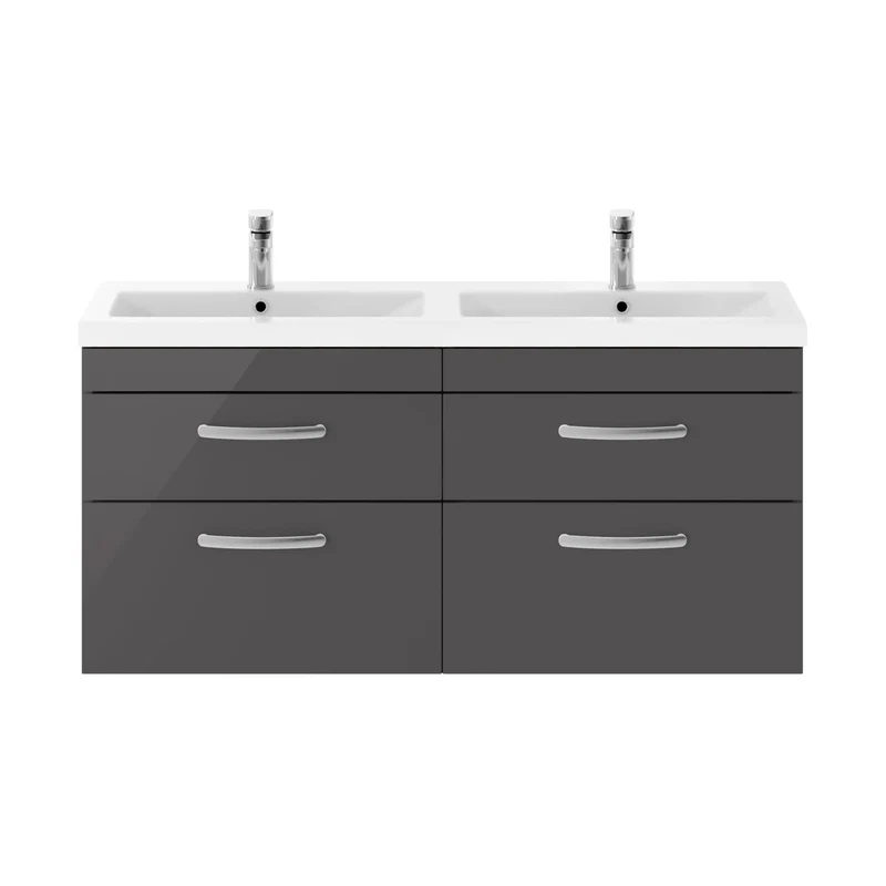 Nuie Athena 1200mm Wall Hung Cabinet With Double Ceramic Basin Contemporary Gloss Grey MFC Painted Gloss 578x1208x390mm