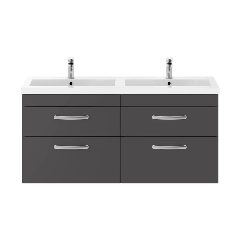 Nuie Athena 1200mm Wall Hung Cabinet With Double Basin Contemporary Gloss Grey MFC Painted Gloss 578x1205x390mm