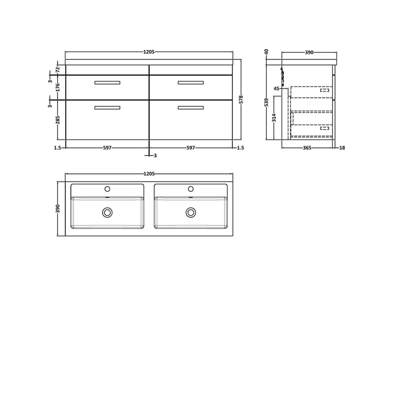 Nuie Athena 1200mm Wall Hung Cabinet With Double Basin Contemporary Gloss Grey MFC Painted Gloss 578x1205x390mm