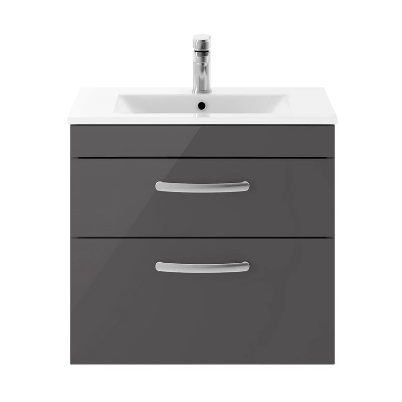 Nuie Athena 600mm Wall Hung Cabinet With Basin 2 Contemporary Gloss Grey MFC 557x605x395mm