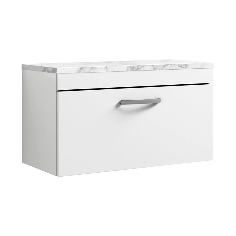 Nuie Athena 800 Wall Hung Single Drawer Unit & Laminate Worktop Contemporary Gloss White MFC Painted Gloss 452x805x390mm
