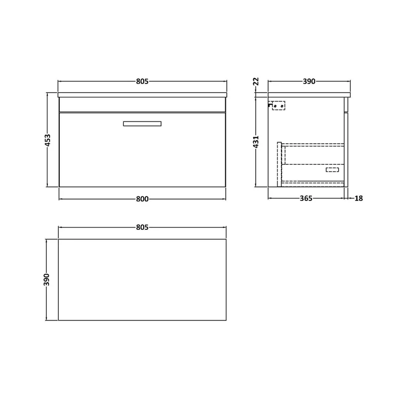 Nuie Athena 800 Wall Hung Single Drawer Unit & Laminate Worktop Contemporary Gloss White MFC Painted Gloss 452x805x390mm