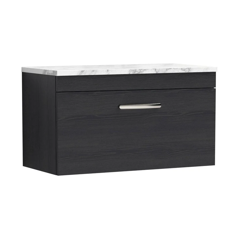 Nuie Athena 800 Wall Hung Single Drawer Unit & Laminate Worktop Contemporary Charcoal Black MFC Textured Woodgrain 452x805x390mm
