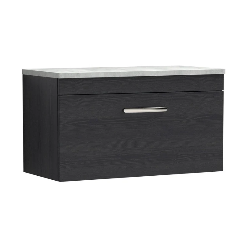 Nuie Athena 800mm Wall Hung Vanity With Grey Worktop Contemporary Charcoal Black MFC Textured Woodgrain 452x805x390mm