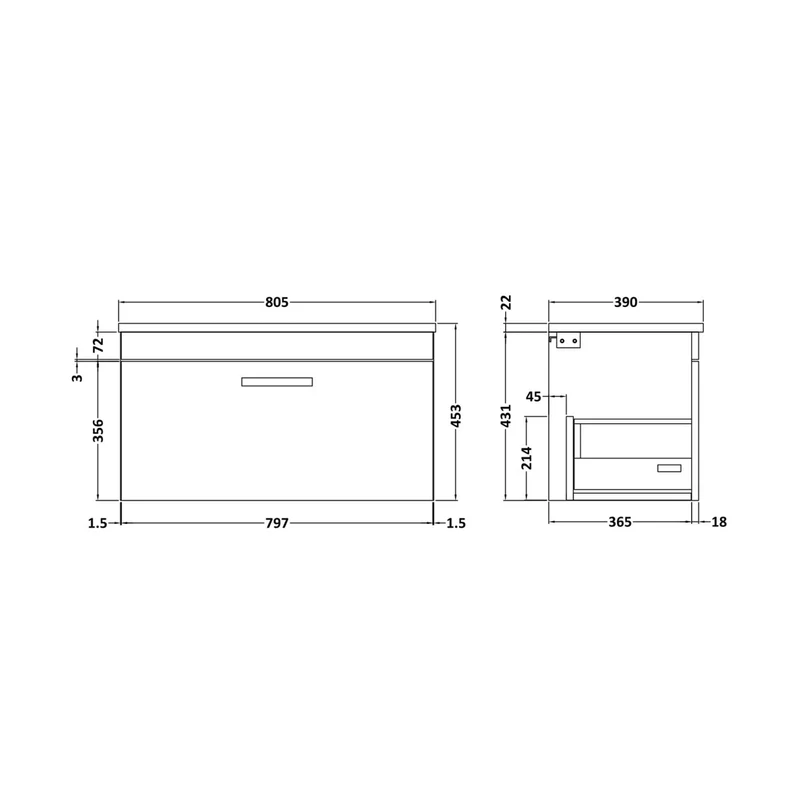 Nuie Athena 800mm Wall Hung Vanity With Grey Worktop Contemporary Charcoal Black MFC Textured Woodgrain 452x805x390mm