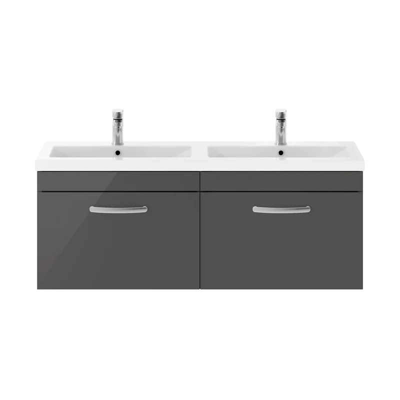 Nuie Athena 1200mm Wall Hung Cabinet With Double Ceramic Basin Contemporary Gloss Grey MFC Painted Gloss 470x1208x390mm