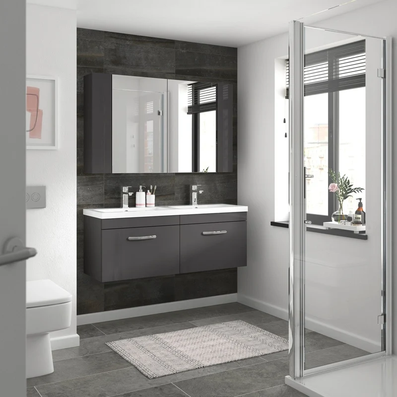 Nuie Athena 1200mm Wall Hung Cabinet With Double Ceramic Basin Contemporary Gloss Grey MFC Painted Gloss 470x1208x390mm