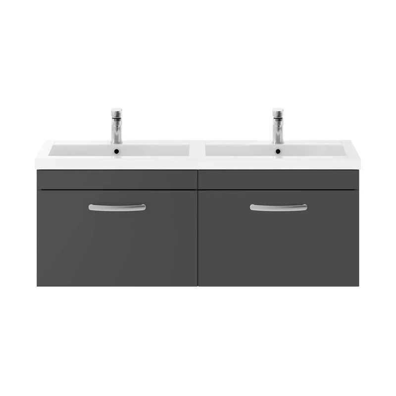 Nuie Athena 1200mm Wall Hung Cabinet With Double Basin Contemporary Gloss Grey MFC Painted Gloss 470x1205x390mm