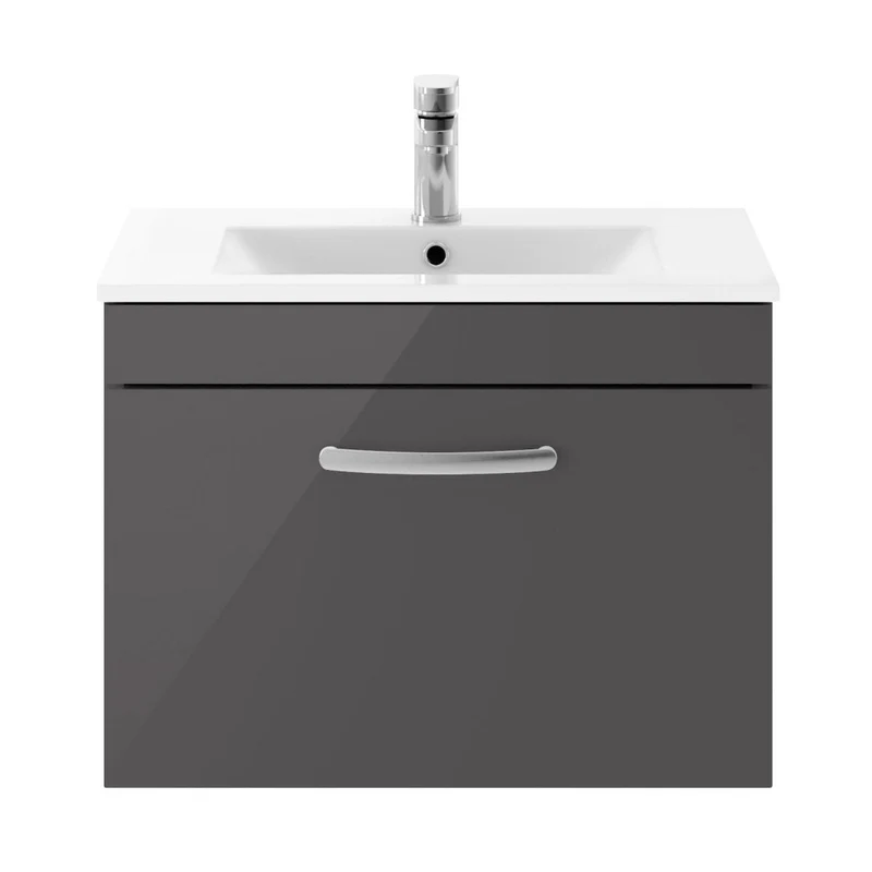 Nuie Athena 600mm Wall Hung Cabinet With Basin 2 Contemporary Gloss Grey MFC 449x605x395mm