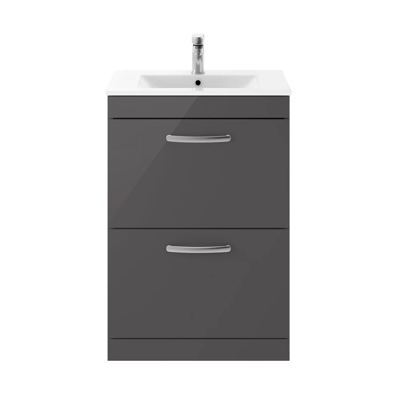 Nuie Athena 600mm Floor Standing Cabinet With Basin 2 Contemporary Gloss Grey MFC 883x605x395mm - ATH076B
