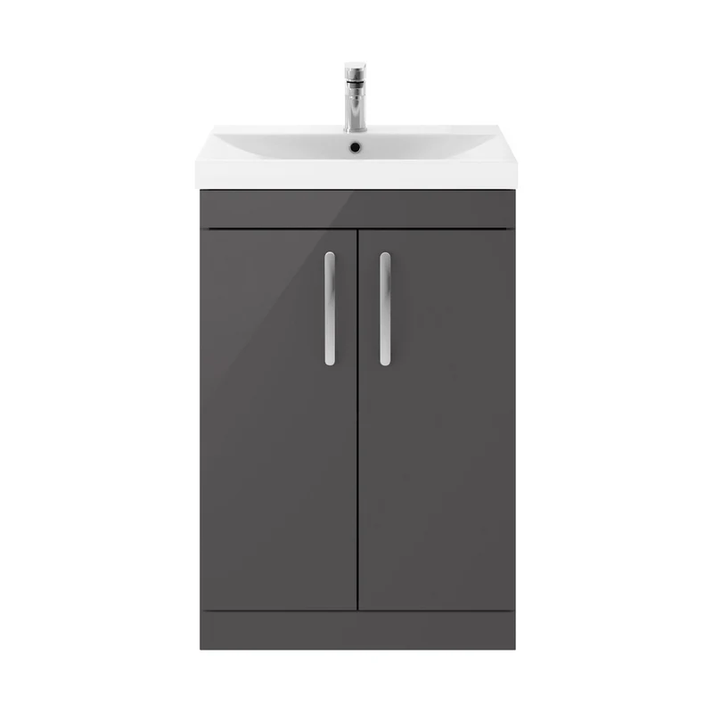 Nuie Athena 600mm Floor Standing Cabinet With Basin 3 Contemporary Gloss Grey MFC 915x610x390mm - ATH075D