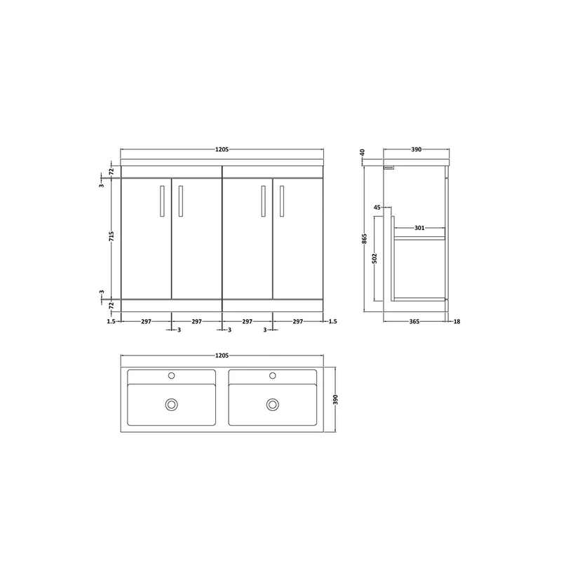 Nuie Athena 1200mm Floor Standing Cabinet With Double Basin Contemporary Gloss Grey MFC Painted Gloss 905x1205x390mm - ATH075C