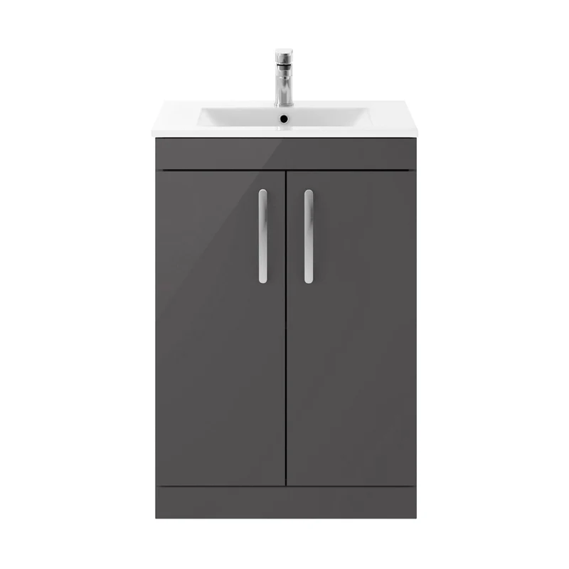 Nuie Athena 600mm Floor Standing Cabinet With Basin 2 Contemporary Gloss Grey MFC 883x605x395mm - ATH075B