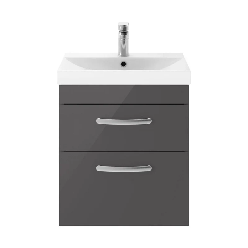 Nuie Athena 500mm Wall Hung Cabinet With Basin 3 Contemporary Gloss Grey MFC 589x510x390mm
