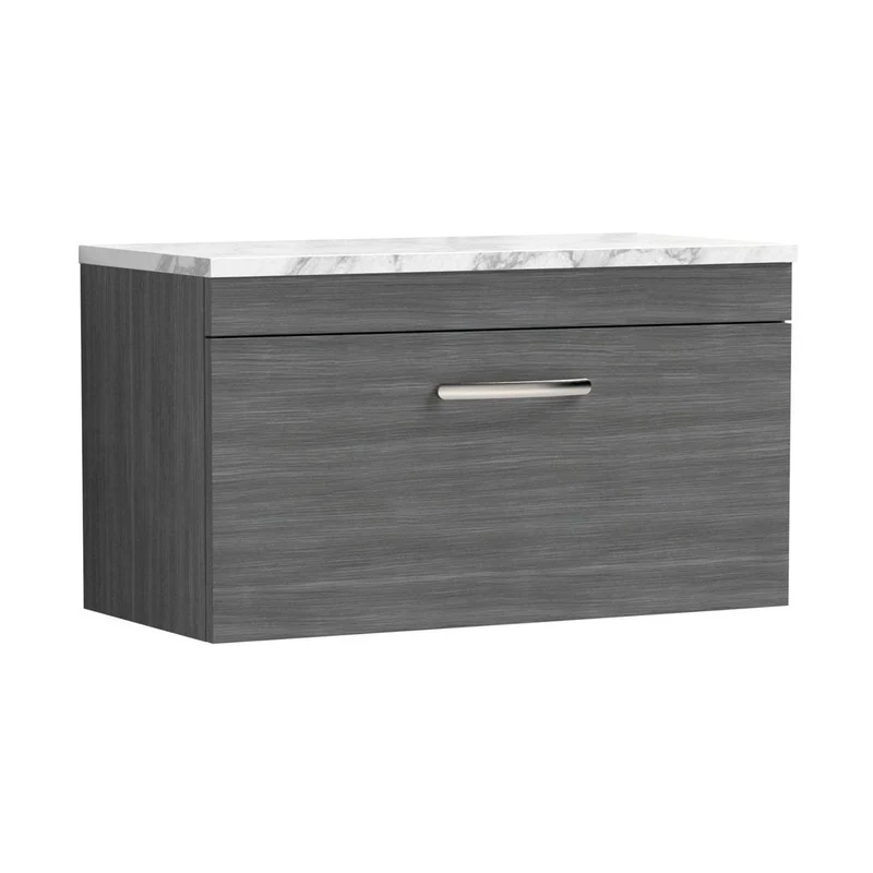 Nuie Athena 800 Wall Hung Single Drawer Unit & Laminate Worktop Contemporary Anthracite Woodgrain MFC Textured Woodgrain 560x805x390mm