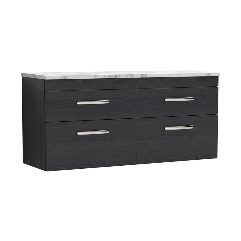 Nuie Athena 1200 Wall Hung 4-drawer Unit & Laminate Worktop Contemporary Charcoal Black MFC Textured Woodgrain 560x1205x390mm