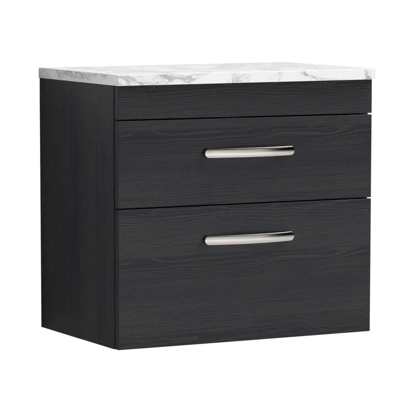 Nuie Athena 600 Wall Hung 2-drawer Unit & Laminate Worktop Contemporary Charcoal Black MFC Textured Woodgrain 560x605x390mm