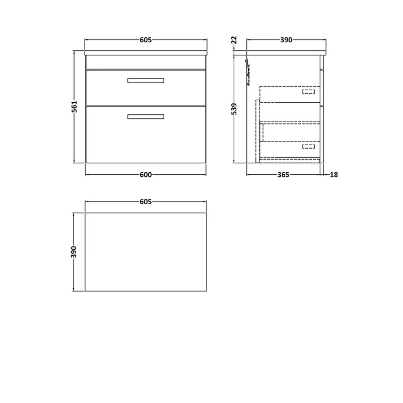 Nuie Athena 600 Wall Hung 2-drawer Unit & Laminate Worktop Contemporary Charcoal Black MFC Textured Woodgrain 560x605x390mm