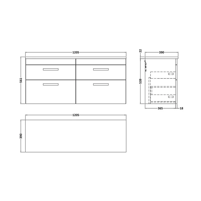 Nuie Athena 1200mm Wall Hung 4-drawer Unit & Laminate Worktop Contemporary Charcoal Black MFC Textured Woodgrain 560x1205x390mm - ATH047LBG2