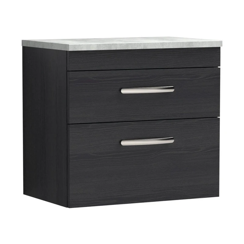 Nuie Athena 600mm Wall Hung Vanity With Grey Worktop Contemporary Charcoal Black MFC Textured Woodgrain 560x605x390mm