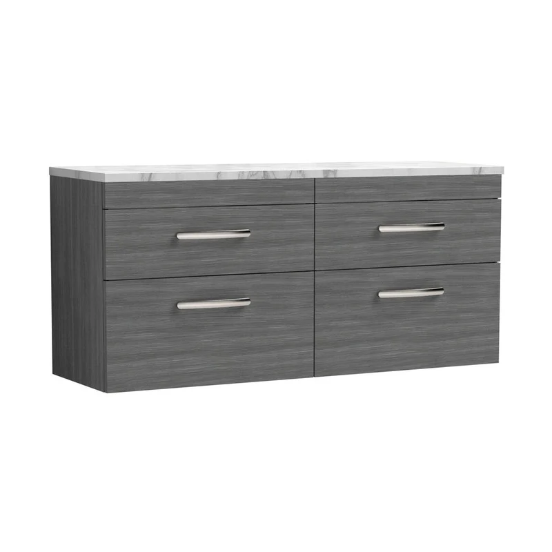 Nuie Athena 1200 Wall Hung 4-drawer Unit & Laminate Worktop Contemporary Anthracite Woodgrain MFC Textured Woodgrain 560x1205x390mm